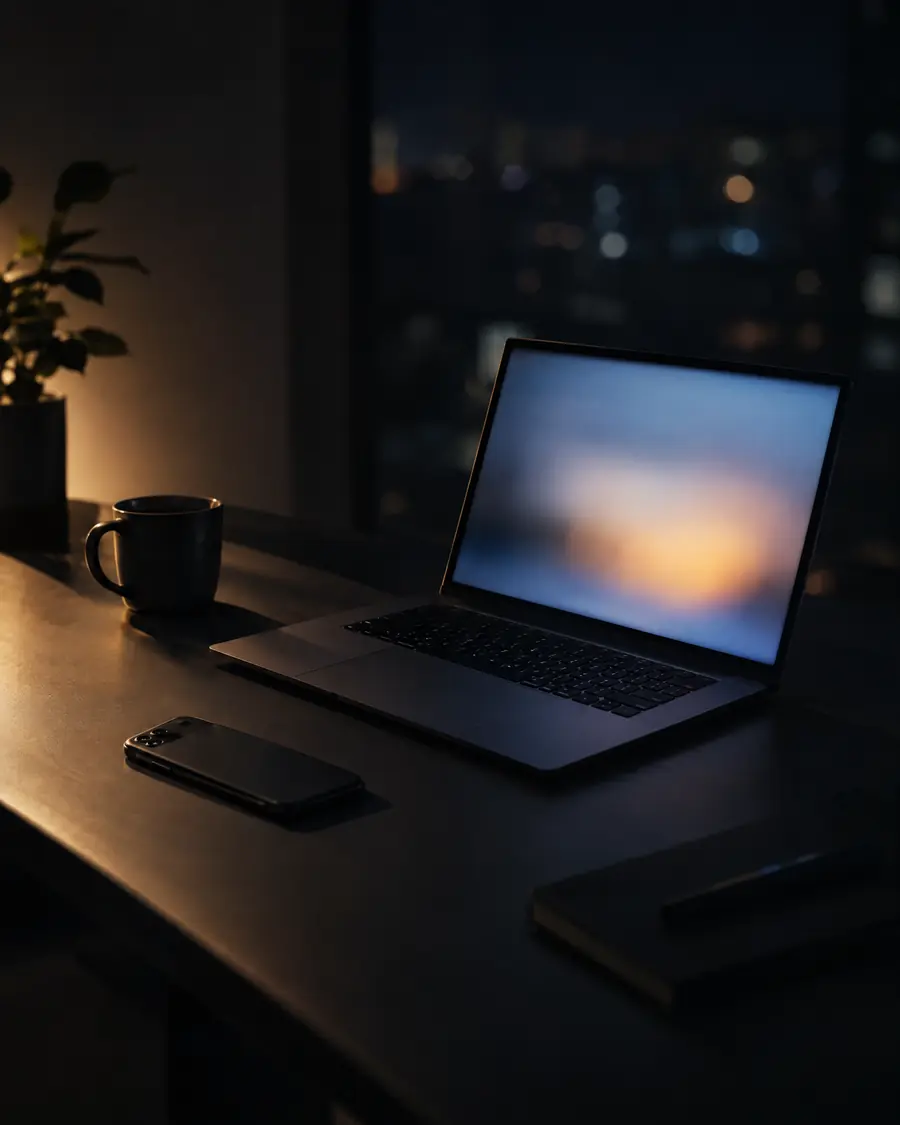 Laptop on a desk at night