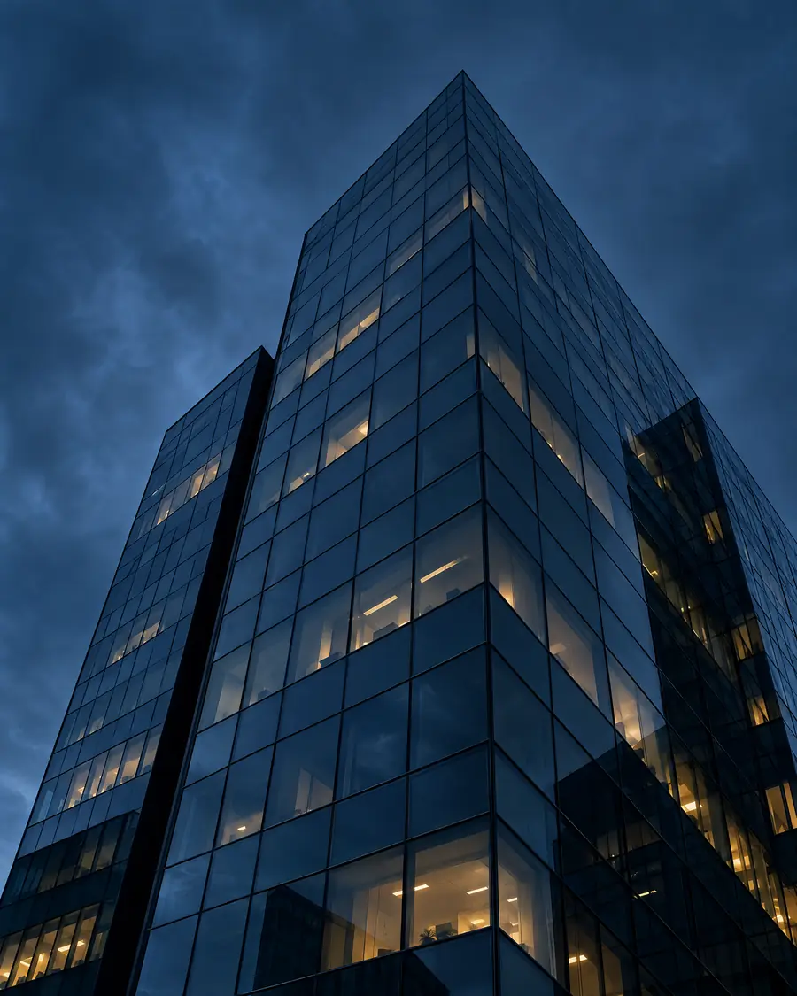 Glass office building at dusk